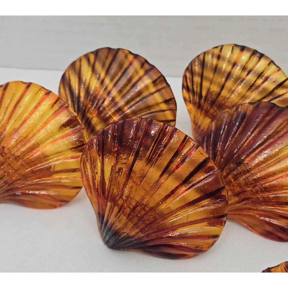 Vintage Amber Tortoiseshell Acrylic Shell Napkin Rings - Set of 10 MCM Scallop